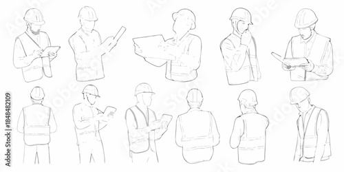Line art illustration depicting construction workers in various poses and viewpoints