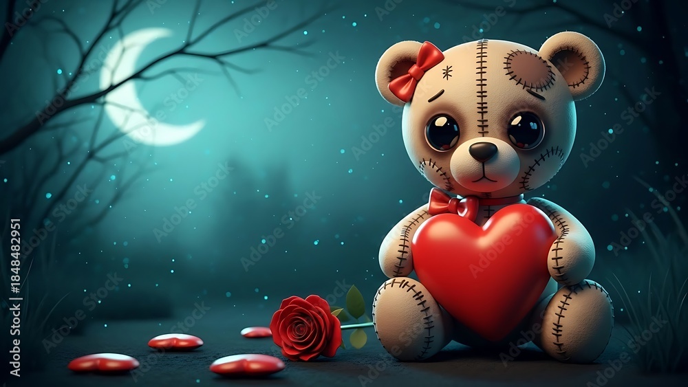 Naklejka premium A lonely teddy bear holding a heart in a spooky nighttime forest