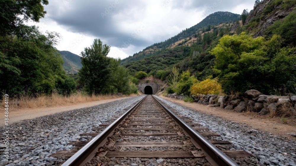 Obraz premium Railroad track disappearing into a dark tunnel through mountain landscape. 