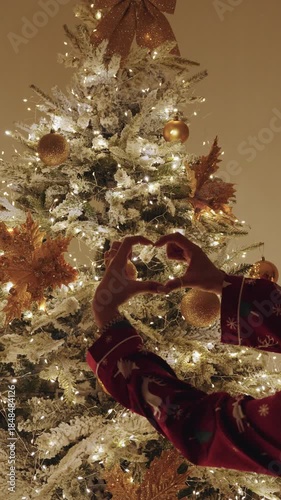 Hands Making Heart Shape in Front of Glowing Christmas Tree