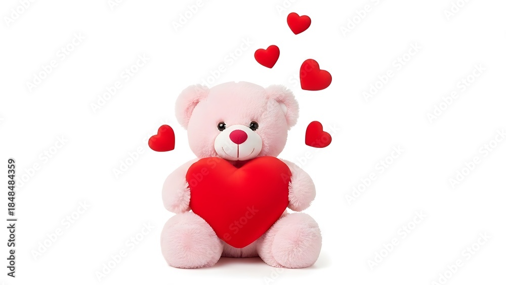 Obraz premium Adorable pink teddy bear holding a red heart with floating hearts around
