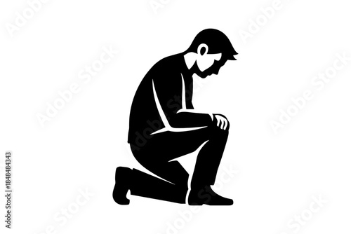 Silhouette of a person kneeling in thought on a white background