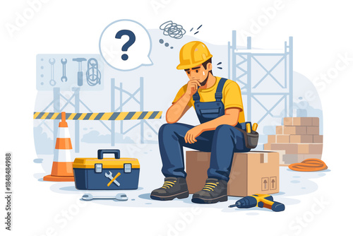 Worried construction worker pondering job solutions at site