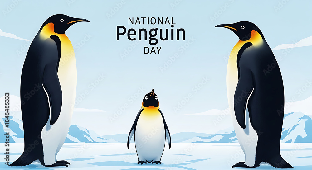 Fototapeta premium Three emperor penguins standing on ice for national penguin day