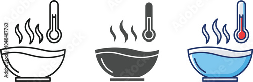 Bowl of hot water with thermometer vector icon isolated on white background hot water bowl with thermometer vector illustration hot water bowl with thermometer vector