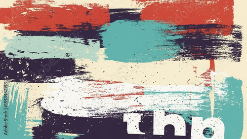 Vibrant abstract art piece with bold red, blue, black, and white brushstrokes on cream background