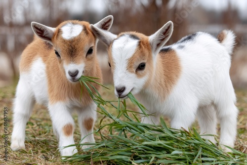 Two young baby goats eating fresh green grass
