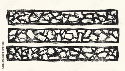 Black and white illustration of three horizontal cracked stone pattern strips on a pale yellow background
