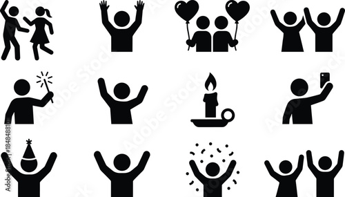 Black Vector Icon Set of People Celebrating Holidays and Events Featuring Dancing, Party Hats, Sparklers, Balloons, and Joyful Gestures.