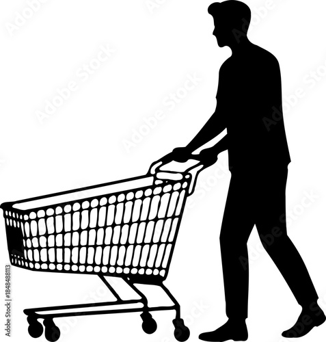 A silhouette of a man pushing a shopping cart on transparent background