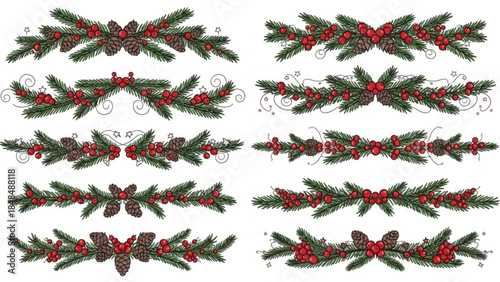 Christmas garland swag borders with pinecones and berries on white background for holiday decoration