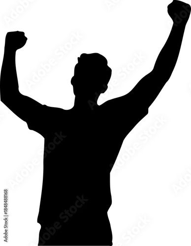 A black silhouette of a man with his arms raised in triumph