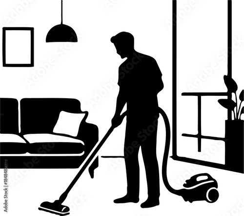 A silhouette of a man vacuuming a living room on transparent background
