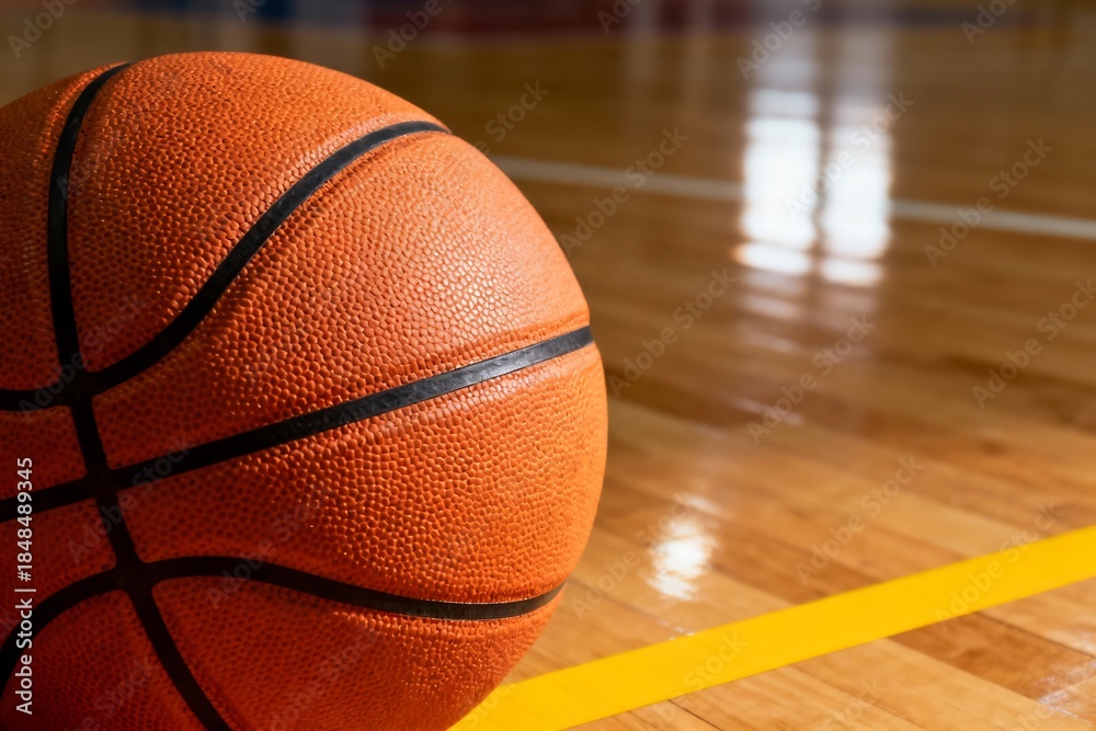 Naklejka premium Orange basketball resting on polished wooden indoor court with white line, capturing professional sports atmosphere, fitness, competition, training, recreation, dynamic energy, and basketball game.