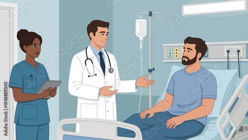 Doctor and nurse consulting with a patient in a hospital room with an IV drip