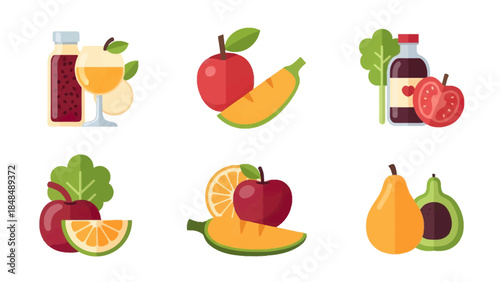 Colorful Collection of Flat Design Vector Icons Showcasing Healthy Fruits, Vegetables, and Fresh Juices