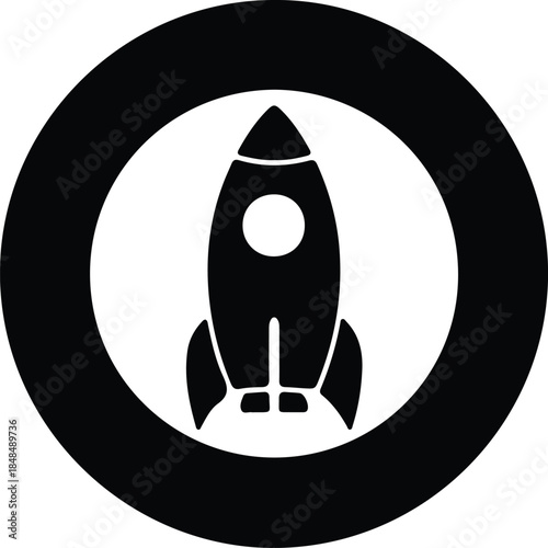 Vector minimalist black and white rocket launch spaceship icon simple logo silhouette Illustration