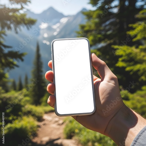 Mountain Hike Smartphone Mockup - Hand Holding Phone with Trail Background for Outdoor Apps, Adventure Marketing and Hiking Navigation Content