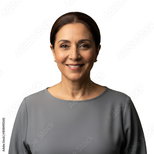 Smiling 60s Middle Eastern woman, deep peace, contentment, elegant grey tunic, headshot. Ideal for senior care, wellness, mental health, diversity, or professional branding assets,