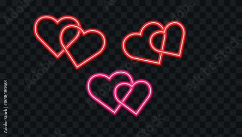 Neon heart shapes in red and pink on transparent background