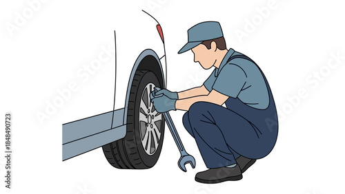 Mechanic tightening car tire with large wrench in garage