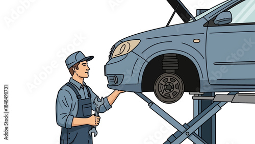 Mechanic inspecting car on lift in garage with wrench