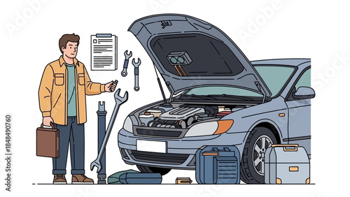 Mechanic standing next to car with tools and briefcase ready