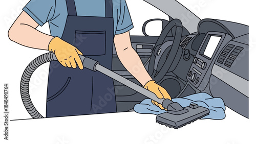Professional car cleaner vacuuming interior with blue cloth