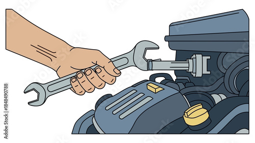 Mechanic's hand using adjustable wrench on engine