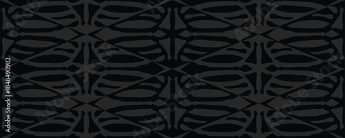 Ethnic ornamentation of stylized bones inscribed in a diamond. Tribal decoration for printing on fabric and wallpaper. Seamless black texture. Monochrome background. Vector illustration