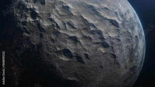 The moon-like surface of an unknown planetoid or asteroid, heavily scarred with impact craters, floating against the dark, infinite expanse of the cosmos