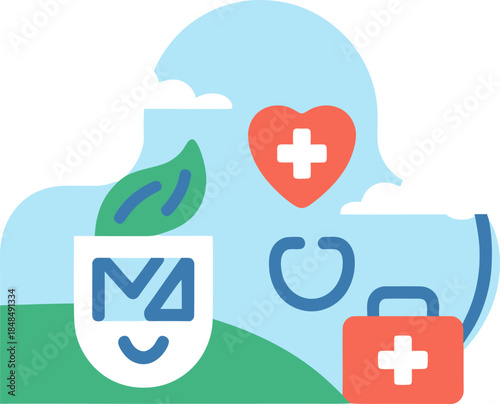 Abstract illustration showing natural wellness with a leaf, medical heart, and small first aid kit for health services branding.