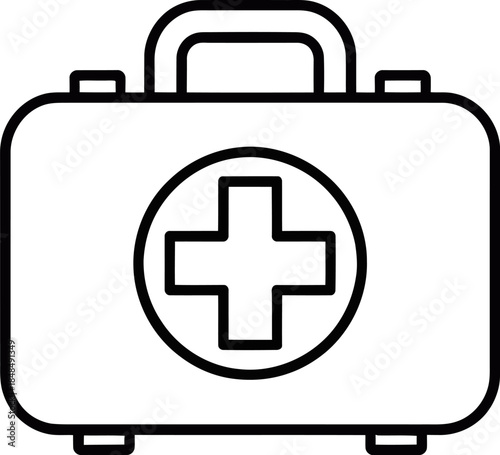 A simple black outline icon of a rectangular first aid kit with a prominent medical cross on its front is clearly depicted, isolated on a white background.