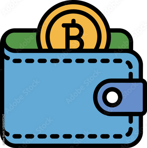 Stylized blue wallet holding a golden Bitcoin cryptocurrency coin for digital finance and secure mobile payment advertising.