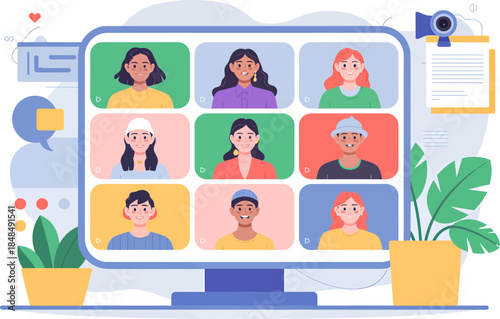 Diverse group of nine participants in a video meeting shown on a large desktop monitor for business training.