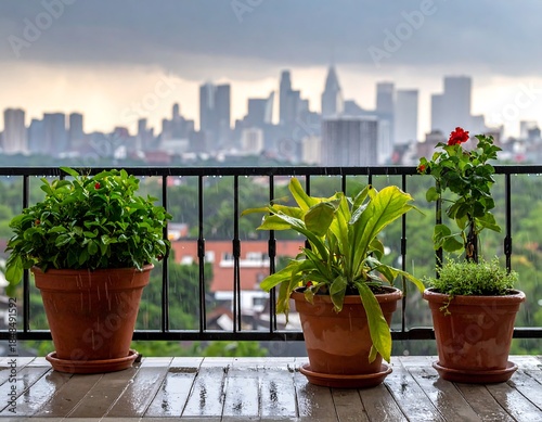View of city skyline through a wet balcony and plants