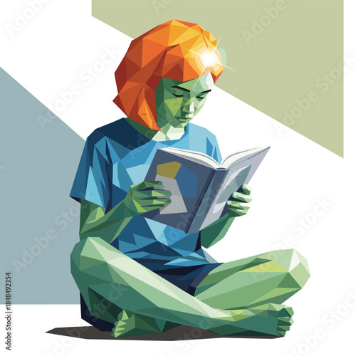 Low Poly Young Woman Reading Book Sitting Cross-legged Illustration