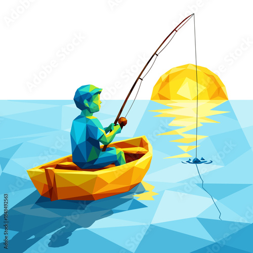 Low Poly Boy Fishing in Geometric Boat on Blue Water at Sunset Illustration