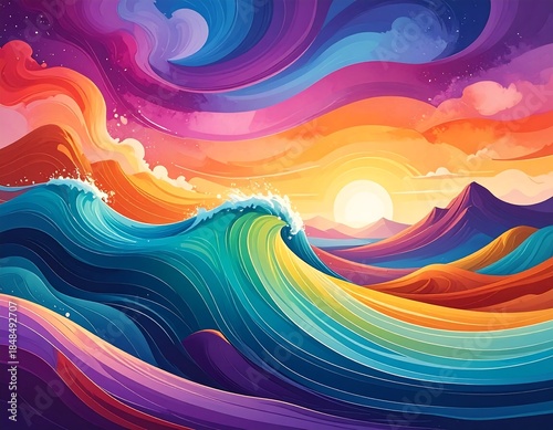 Vivid abstract landscape featuring vibrant waves, sun, and colorful skies