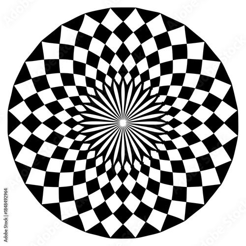 A captivating black and white checkerboard radial pattern with a hypnotic central design