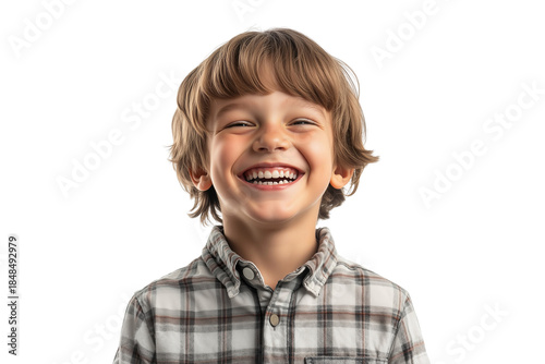 Joyful young boy laughing and smiling, isolated on transparent background