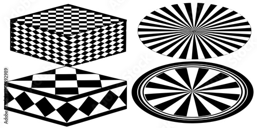 Intriguing collection of black and white optical illusion patterns and geometric shapes