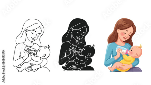 Mother feeding baby with a bottle, set of three illustrations outline, silhouette and color drawing