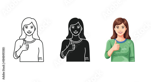 Set of three illustrations of a woman giving a thumbs up gesture in different styles outline, silhouette and full color