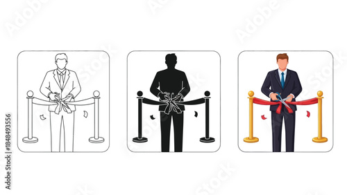 Set of icons representing a businessman cutting a ceremonial ribbon for an opening or launch event, shown in outline, silhouette and full color versions