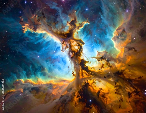 Vivid colorful depiction of a nebula?s swirling cosmic cloud