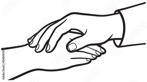 Vector line drawing of one hand holding another hand in a gesture of care support and medical empathy