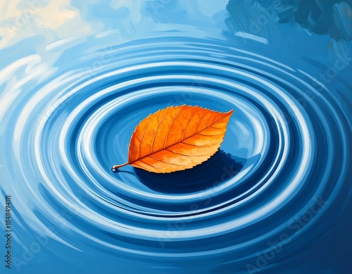 Vivid depiction of a leaf resting on water with concentric ripples