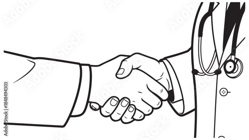 Vector line art illustration of a handshake between a business professional and a medical doctor symbolizing healthcare insurance agreement