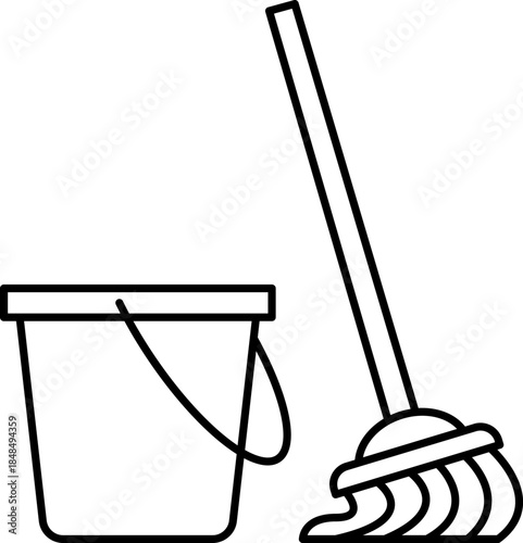 Mop and bucket cleaning tools line art icon